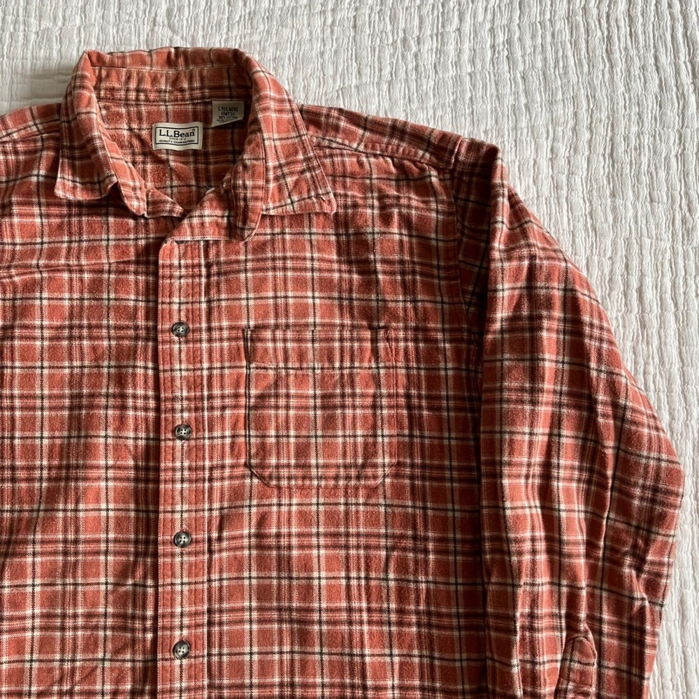 Vintage L.L. Bean Orange Rust Plaid Flannel Button Down Shirt Size Large